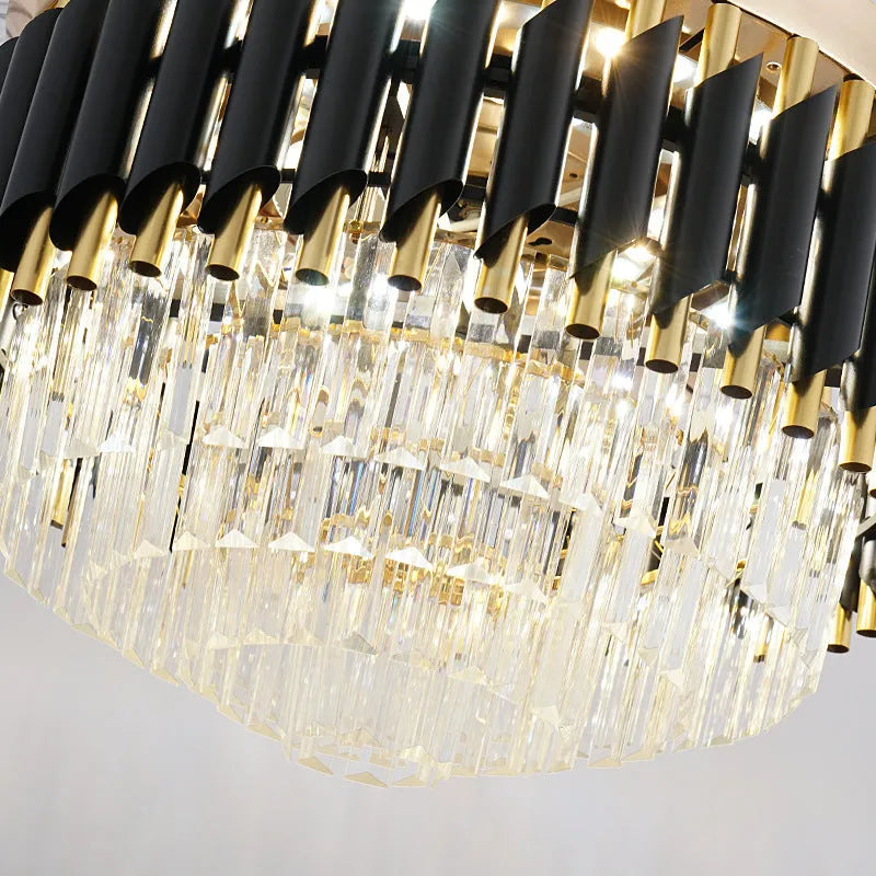Crystal chandelier ceiling fan light with LED illumination and remote control in 42-inch or 48-inch size options