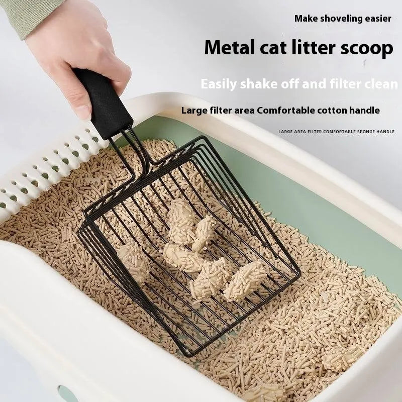 Black metal cat litter scoop with narrow tines for cleaning litter trays.