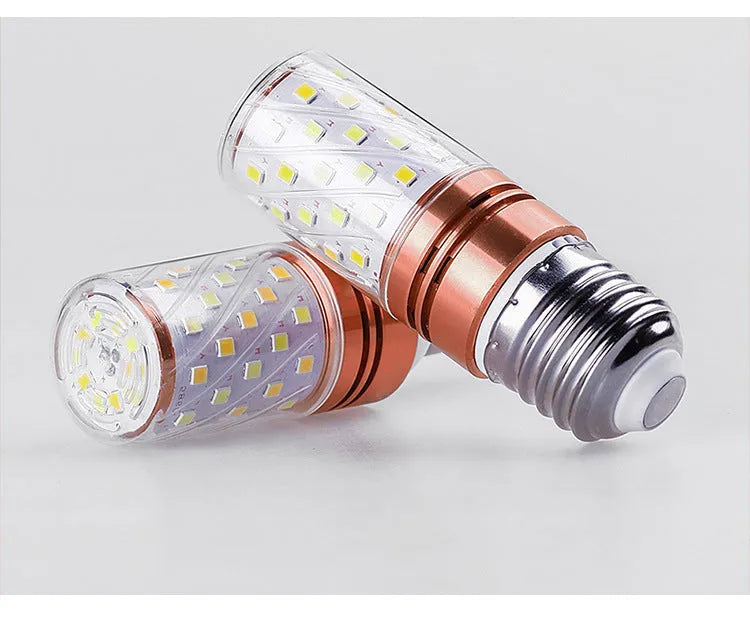 E14 screw base LED corn light bulb showing 60 yellow LED beads and three colour temperature settings.