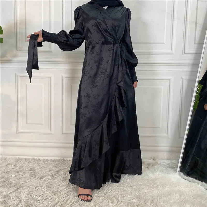 New fashion women's patchwork Muslim dress in satin print, green colour, full-length modest style