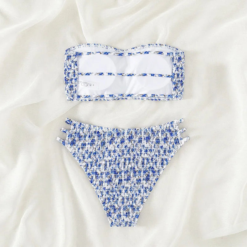 Women's strapless floral print swimsuit with high waist briefs and beauty back design.