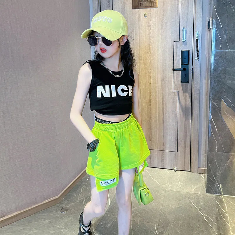 Girls casual cotton shorts and vest two-piece set in black top and green pants, pullover style