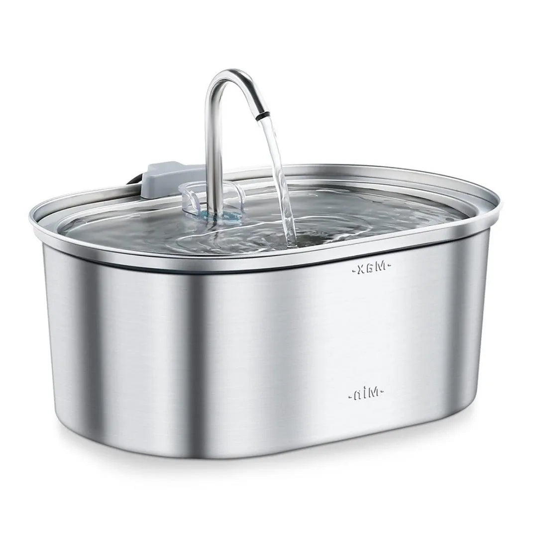 Stainless steel round pet water dispenser with large reservoir and selectable faucet attachment