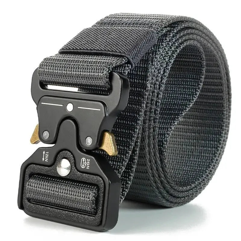 Men's tactical canvas belt with alloy release buckle showing black colour option