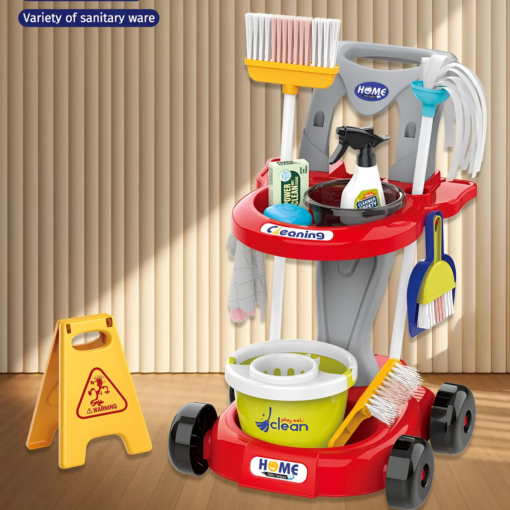 Children's play house cleaning toy set with ABS cleaning tools, stroller suit, and vacuum cleaner options in an English colour box