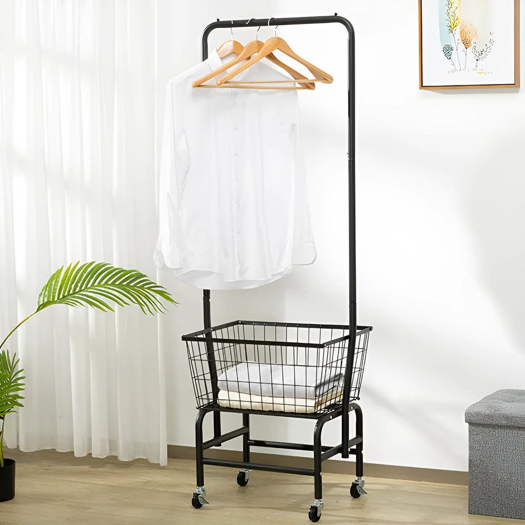 White iron pulley storage car with single rod for hanging clothes and garments
