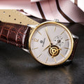 Men's automatic mechanical watch with brown leather strap and white dial on stainless steel case.