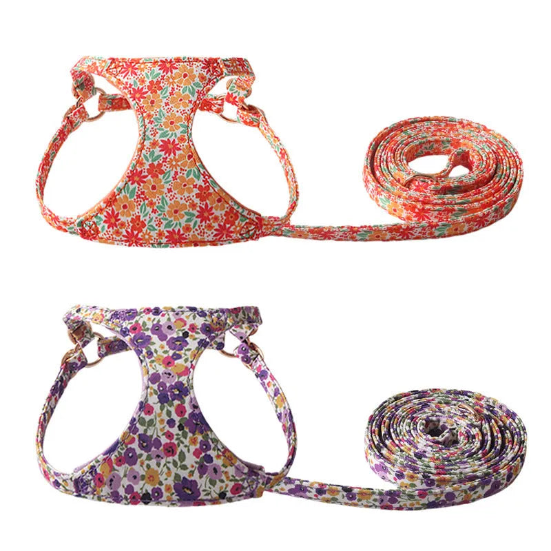 Floral series pet harness suit with attached leash for small dogs in multiple colour options