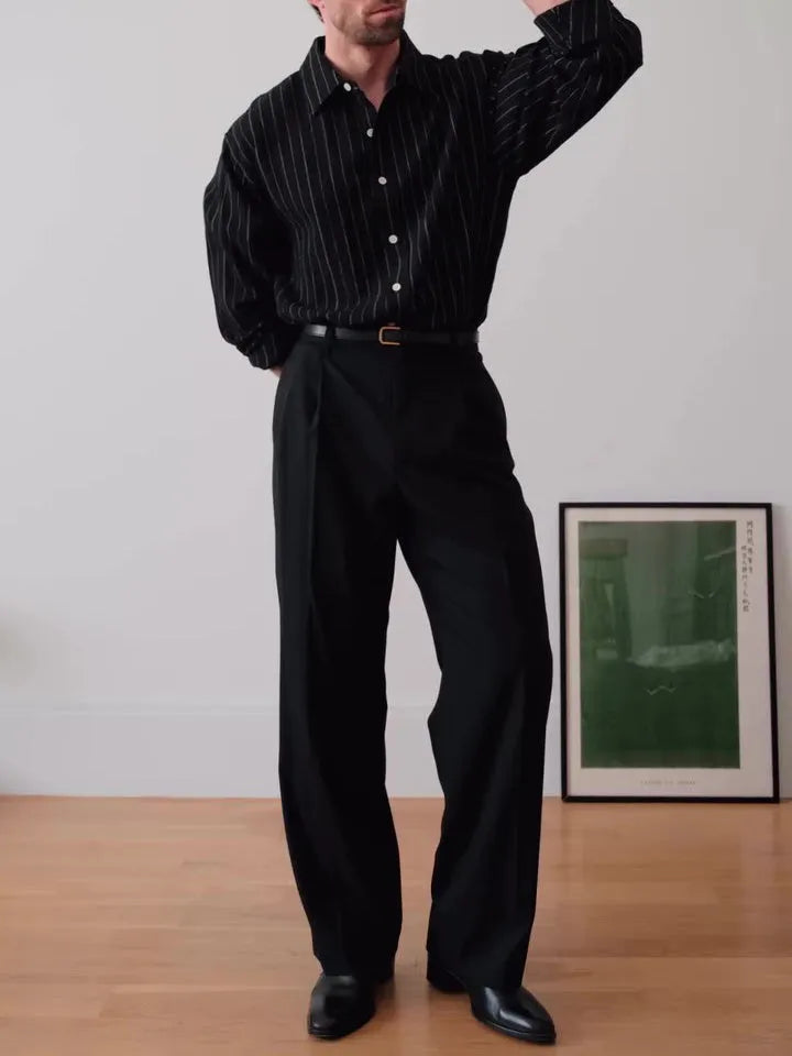 Black pinstriped button-down business shirt with long sleeves and regular fit