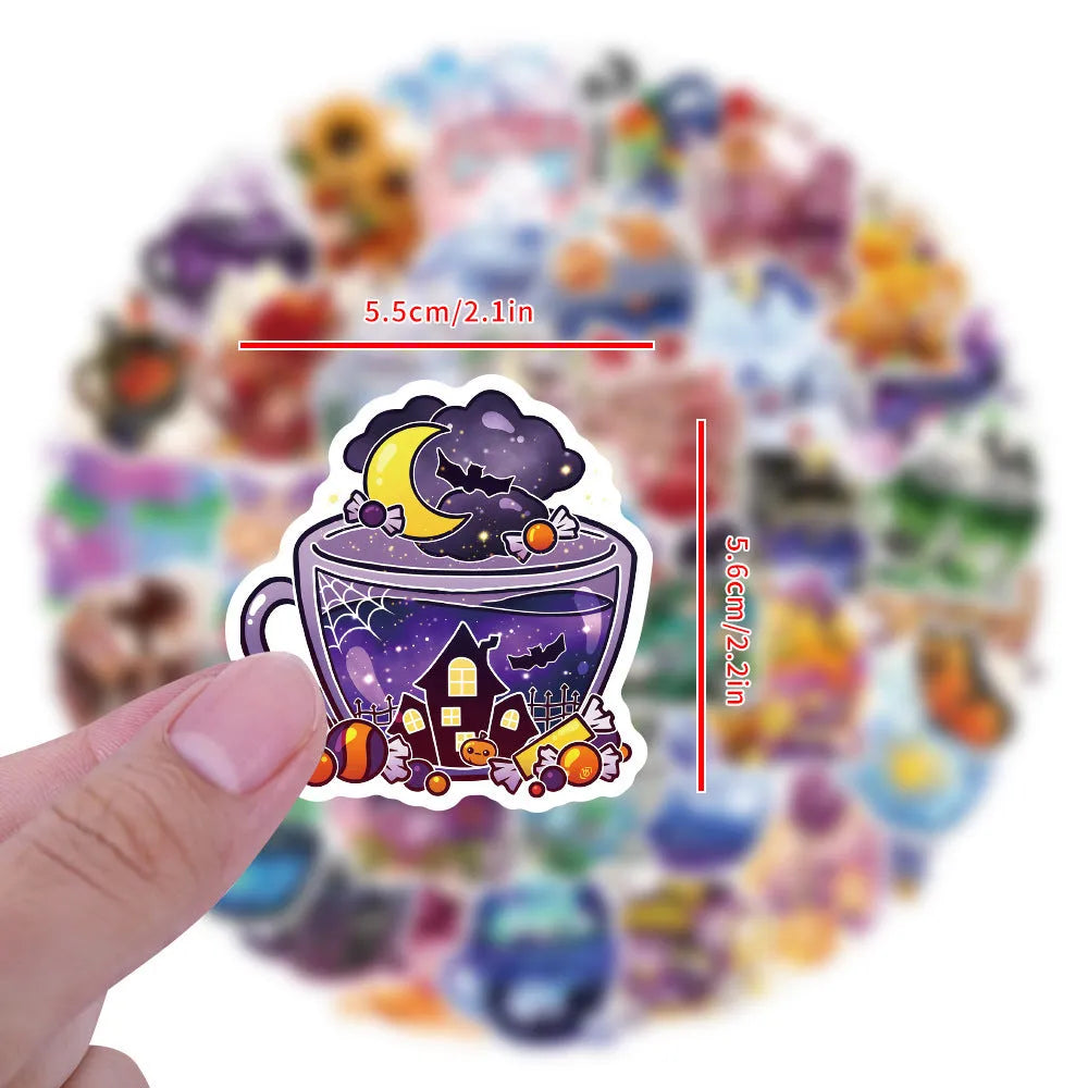 Pack of 50 colourful tea cup graffiti waterproof stickers in Nordic style for DIY luggage and scooter customisation.