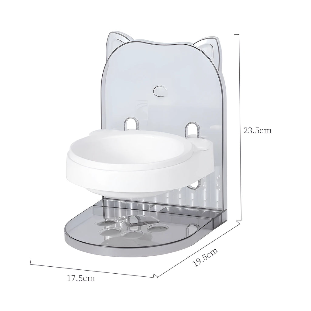 Grey pet bowl with removable hanging cage and adjustable height for feeding