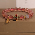 Natural strawberry quartz bracelet for women with four-leaf clover and calabash pendant on alloy chain with rhinestone accents