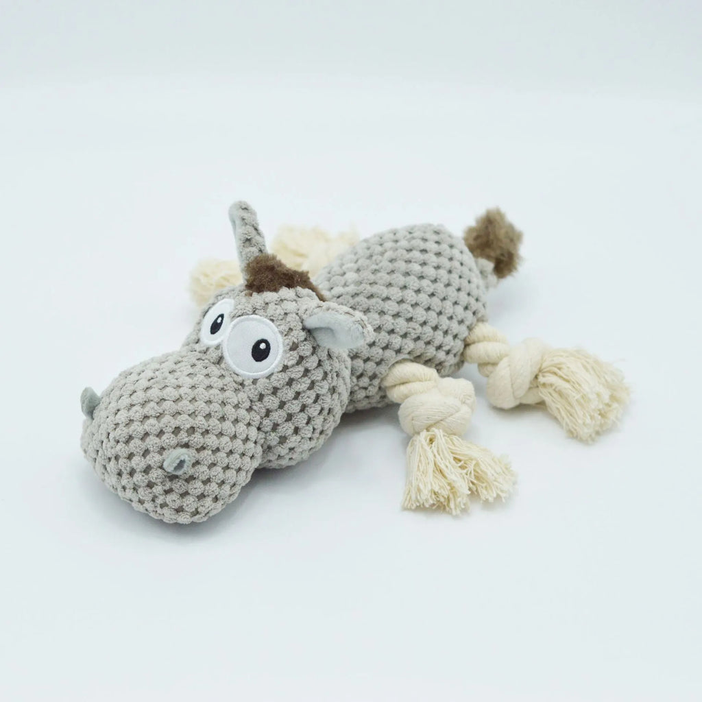 Grey cloth velvet donkey plush dog toy with creaking sound mechanism measuring 27x20x9.5cm