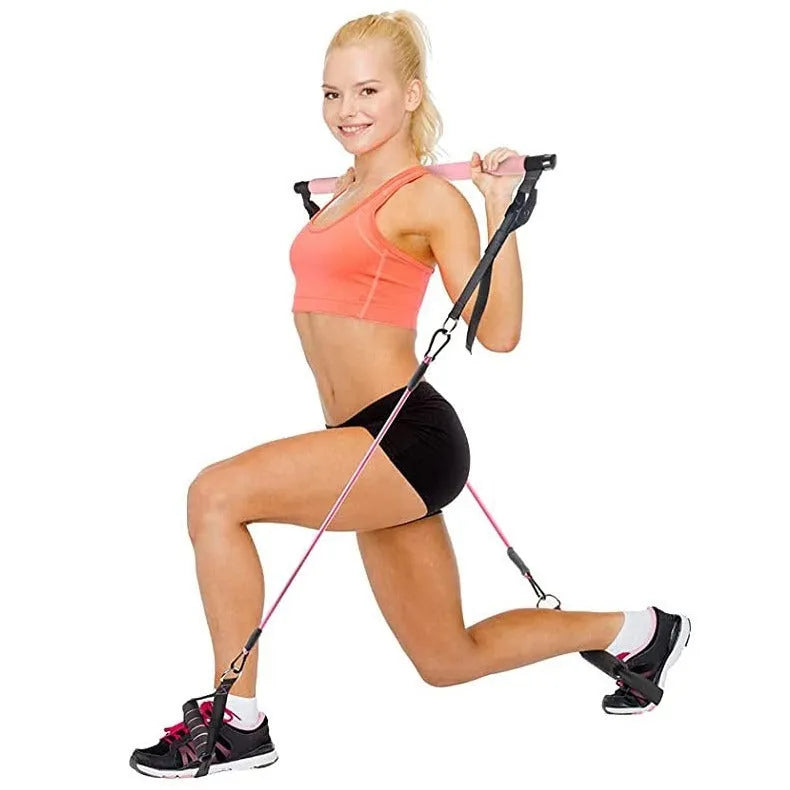 Women's TPE fitness stick 11-piece set showing pink, purple, and black resistance sticks from 60lb to 180lb