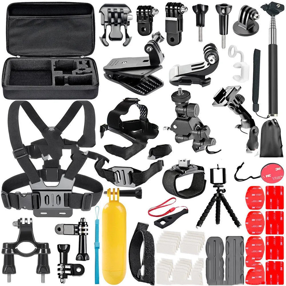 Black GoPro chest mount, helmet mount, and tripod stand accessories kit on a white background.
