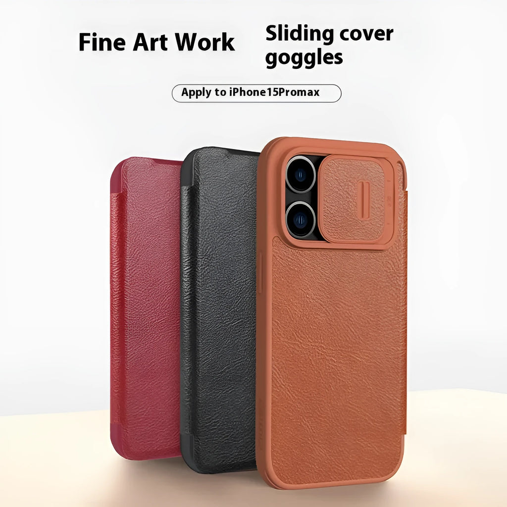 iPhone 15 imitation leather flip case in black, brown, and red colour options showing front cover design