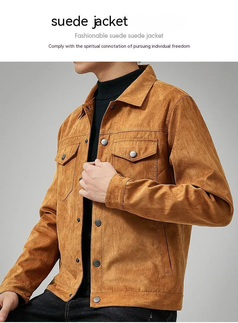 Men's brushed suede slim fit jacket in khaki, with topstitching slit pockets