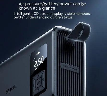 Black portable wireless car tyre inflator with digital display and air hose