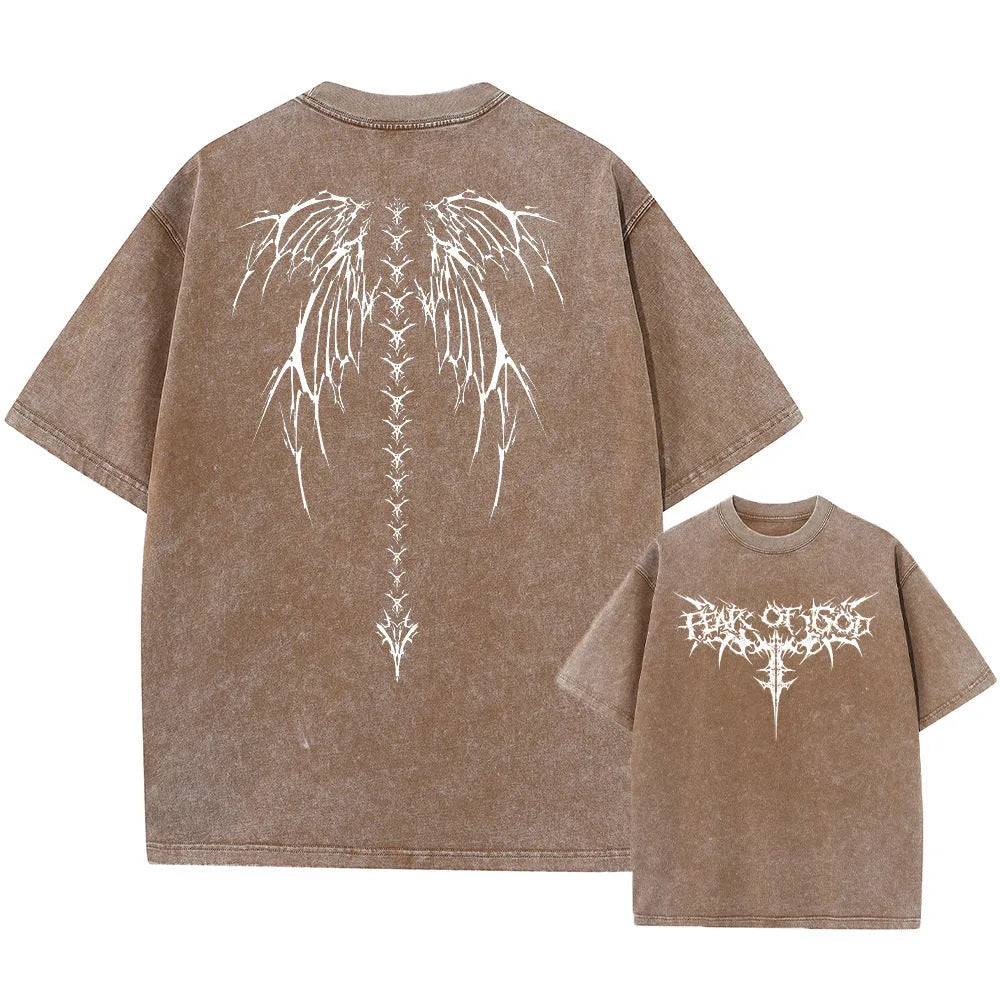Loose-fit oversized men's cotton T-shirt with drop-shoulder short sleeves on a hanger.