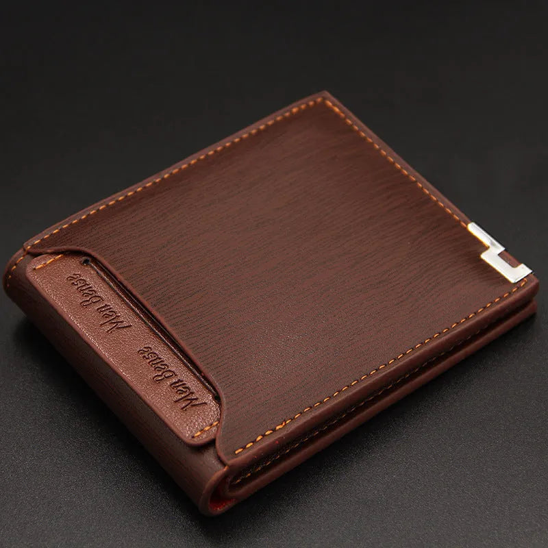 Men's black PU leather short wallet showing iron-edge card-picking design