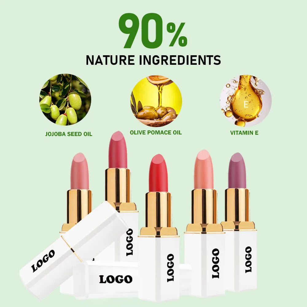 Matte finish lipstick in tube with nonstick cup applicator, one of 24 waterproof shade options.