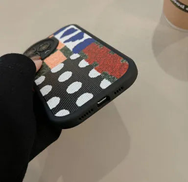 Art colour contrast patchwork TPU phone case with black leather-style finish and dot stitching for Apple iPhone