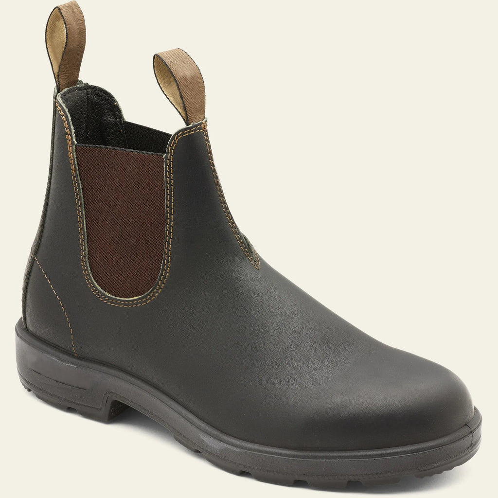 Vintage brown unisex Chelsea boots with car stitching and a low horse hoof heel.