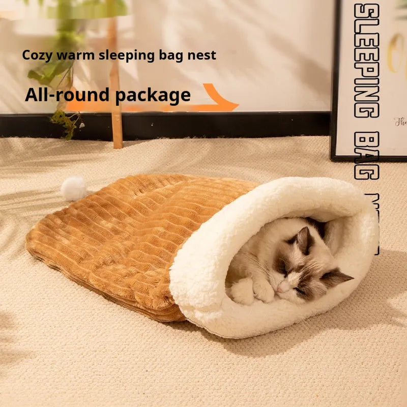 Soft flannel pet sleeping bag nest for cats, measuring 50 by 40 centimetres, in pink Trojan or blue rabbit design.