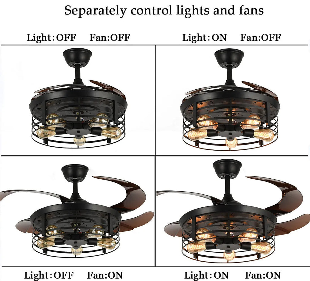 42-inch industrial style ceiling fan light with acrylic shade and remote control on a white background.