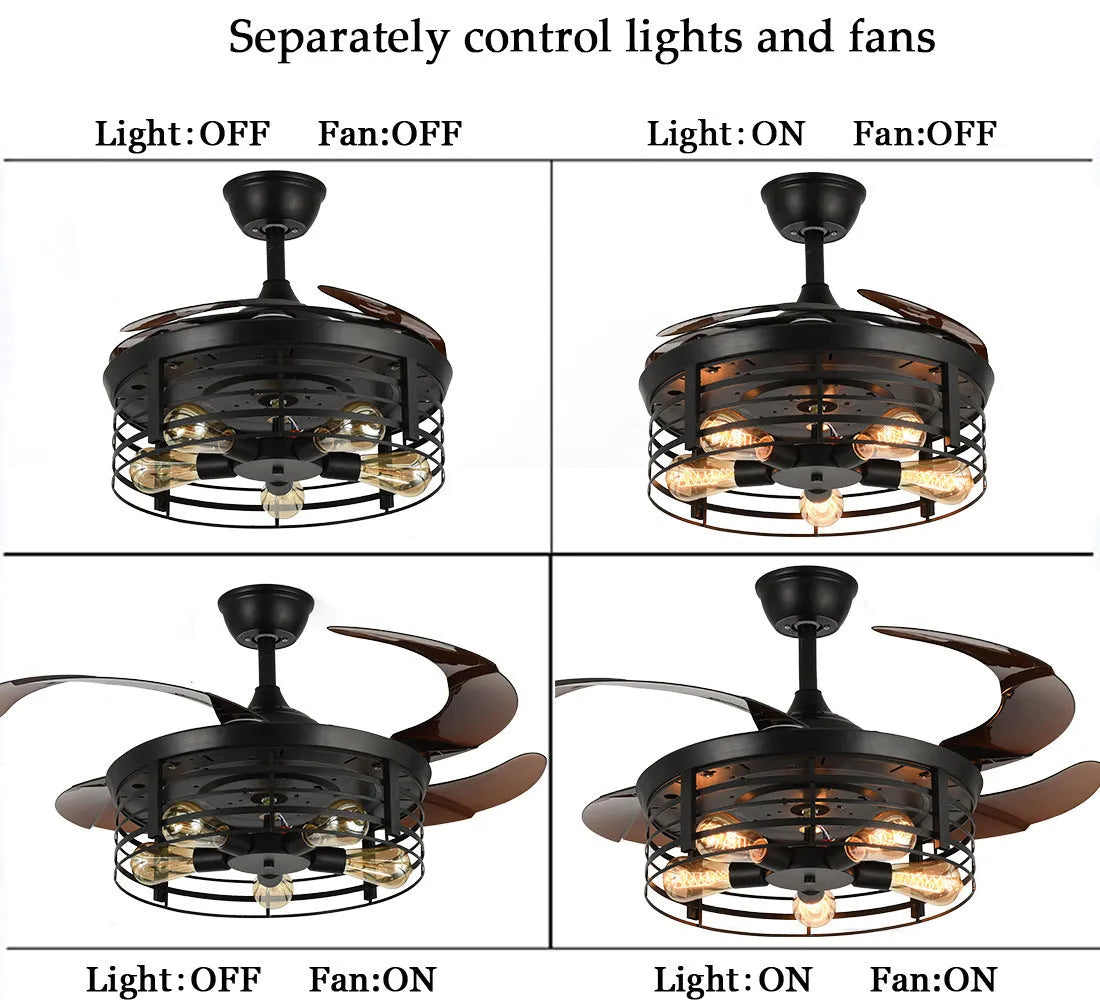 42-inch industrial style ceiling fan light with acrylic shade and remote control on a white background.