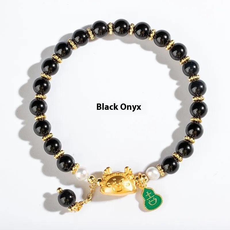 Handmade natural agate bracelet with dragon zodiac charm and 8mm round beads.