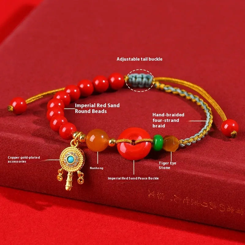 Hand-woven cinnabar peace blessing bracelet with buckle closure in emperor red sand colour
