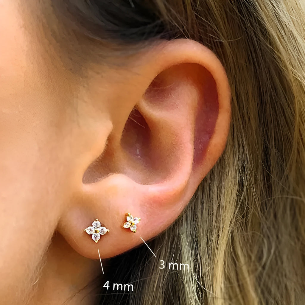 S925 sterling silver stud earrings with geometric petal crystal flower designs in golden or platinum colour