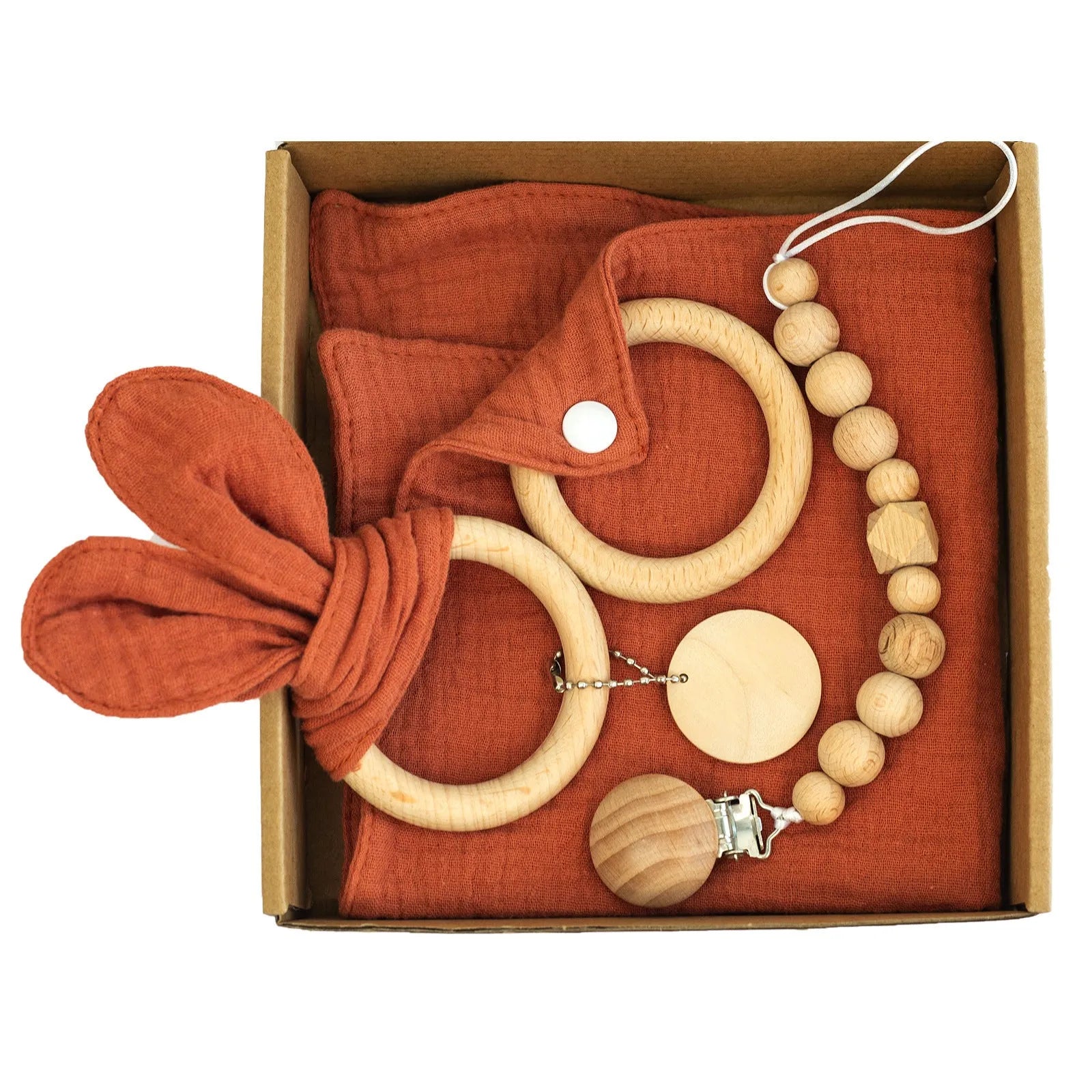 Baby teething toy set with bamboo blanket, wooden teether, bell, tyre brush and milestone for infant development