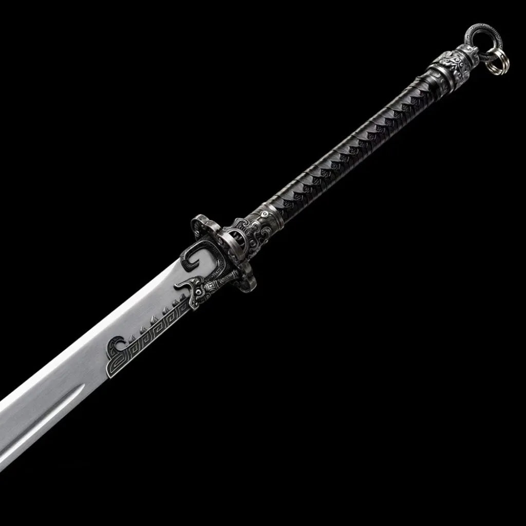 Tang-style high manganese steel two-handed saber with rope-wrapped handle and embroidered spring detail