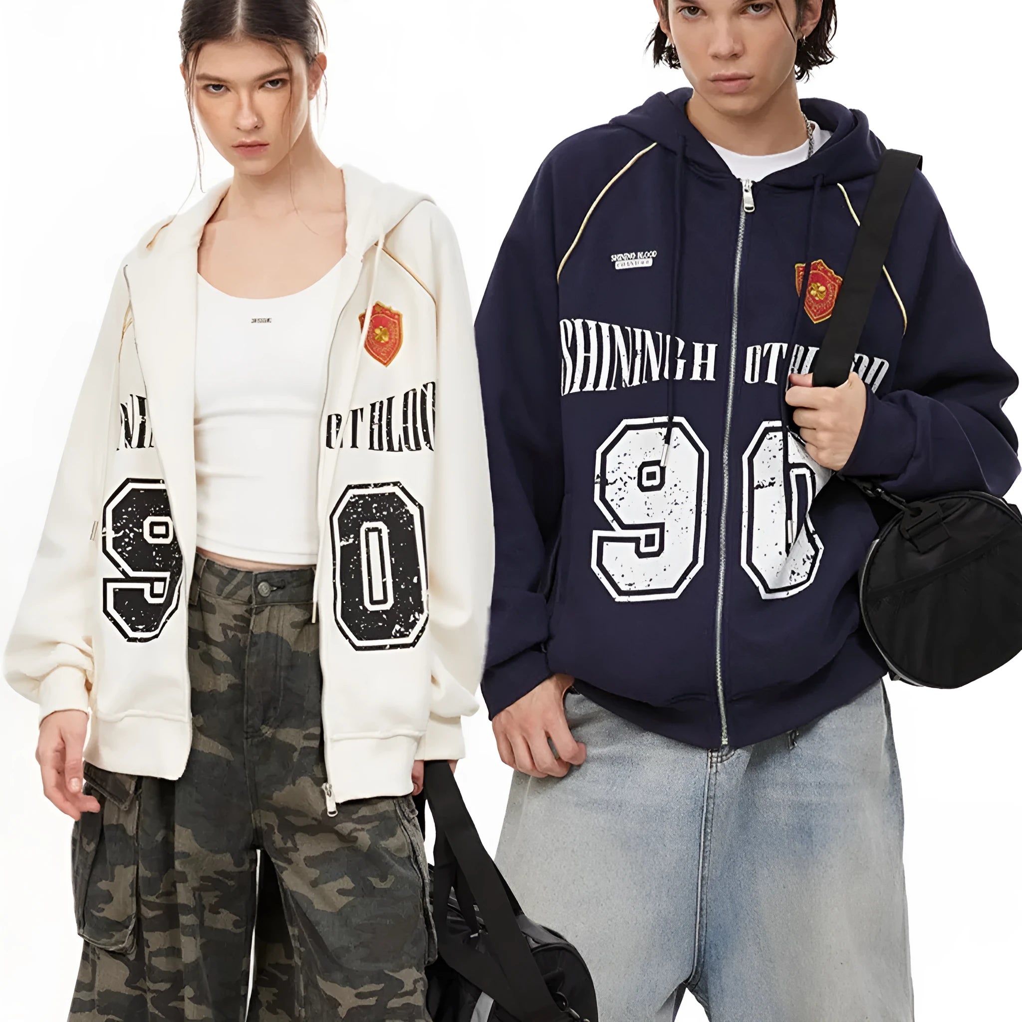 Women's loose-fit hooded jacket with retro letter embroidery in apricot colour.