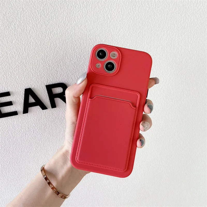 Sky blue colour block silicone iPhone case with a built-in card slot on the back.
