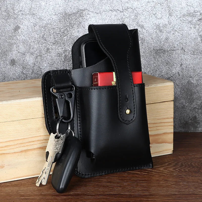 Men's brown leather hanging belt bag with car suture detailing and a flap closure