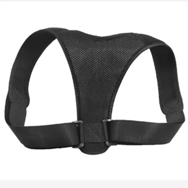 Black non-woven posture correction belt on a light background showing adjustable straps and size options S to XL