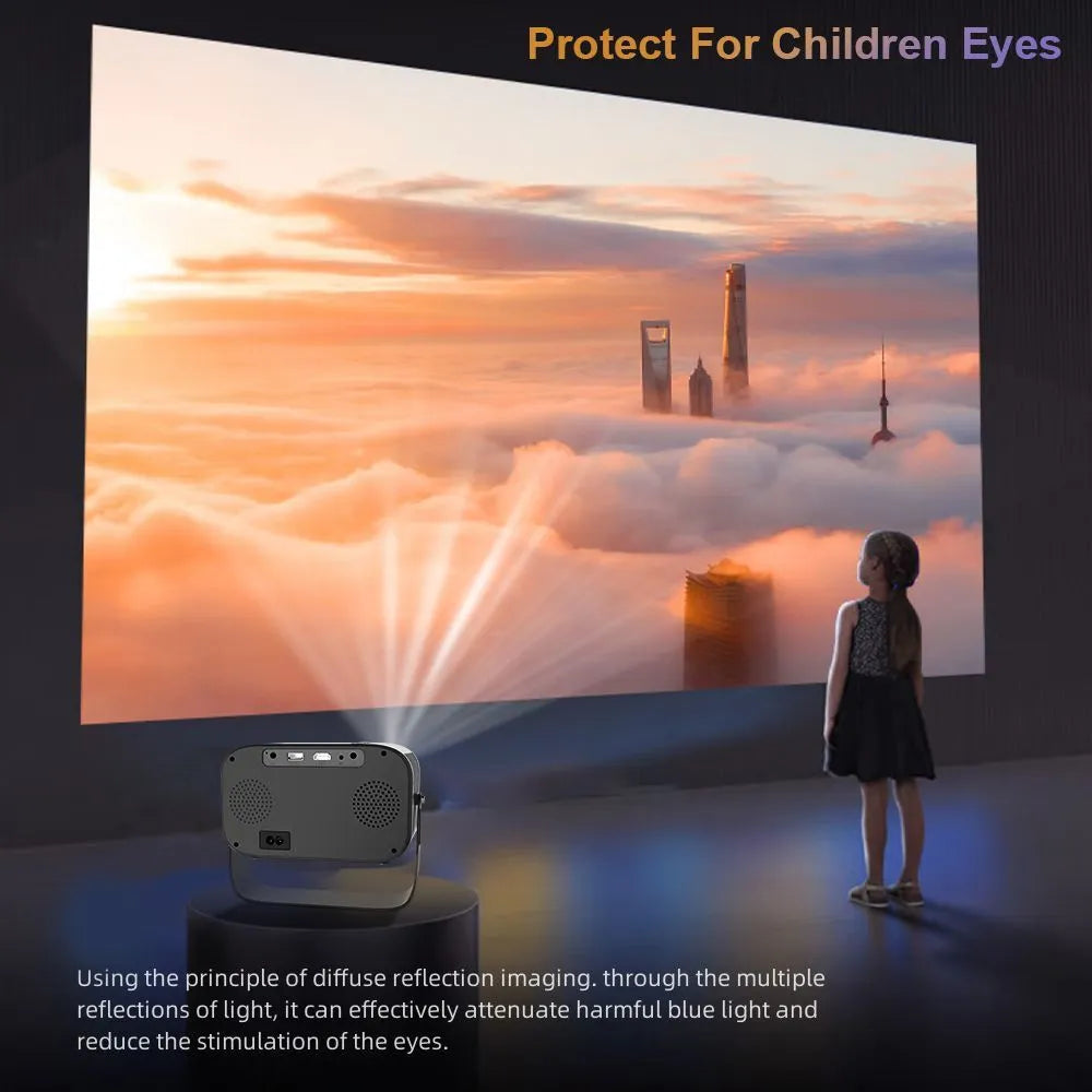 Black portable HD projector with remote control for home office use