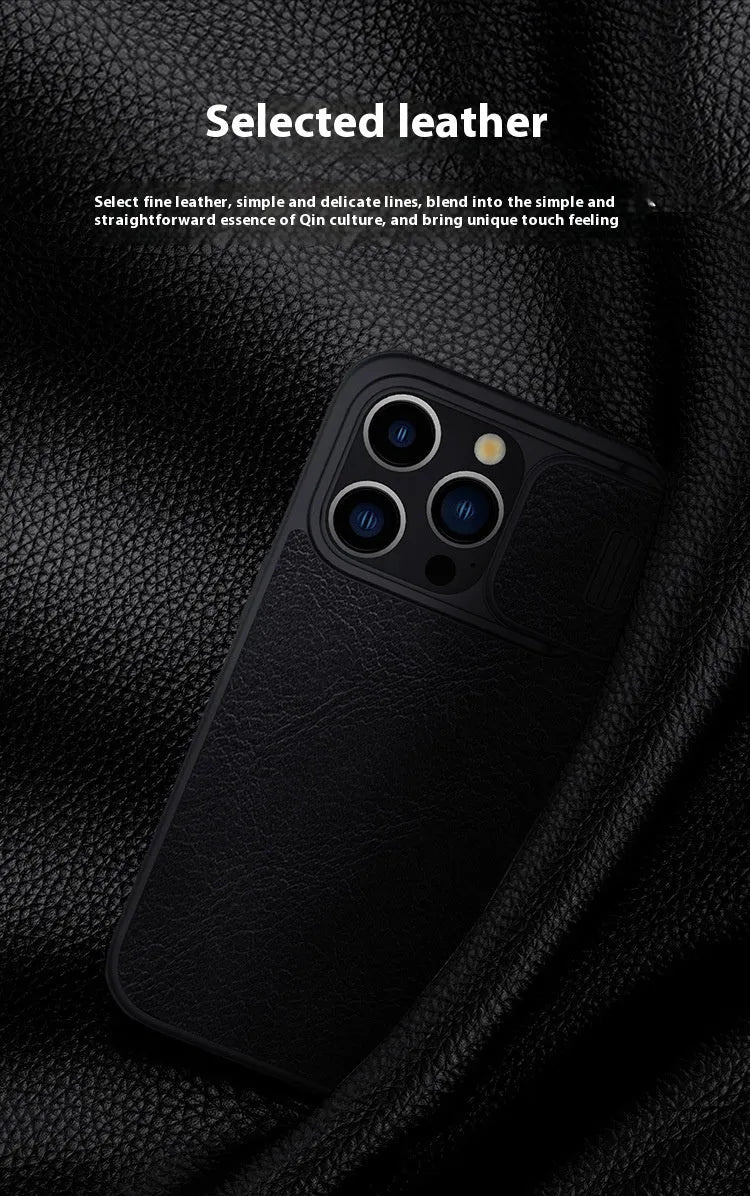 iPhone 15 imitation leather flip case in black, brown, and red colour options showing front cover design