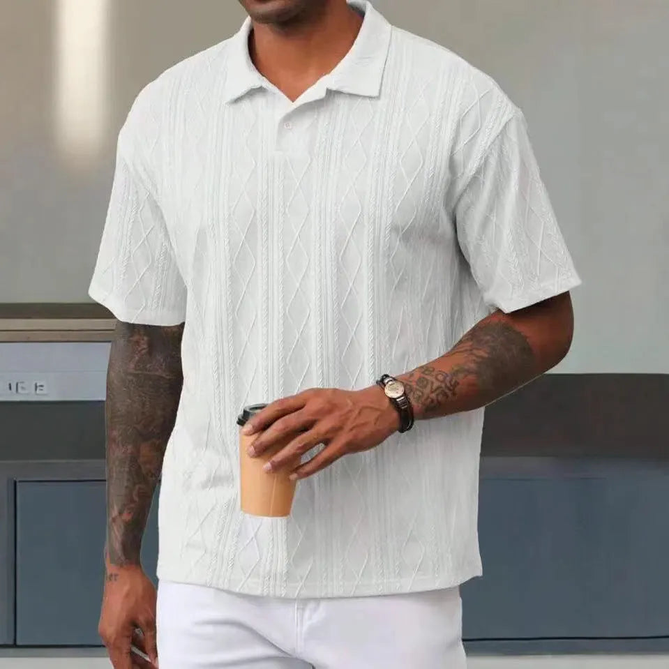 Retro button lapel short sleeve t-shirt in a cotton blend fabric, shown in a solid colour with a slit detail.