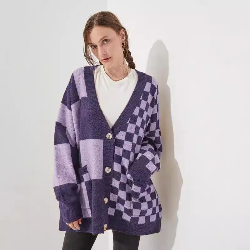 Women's loose slim fit cardigan in a checks print pattern, available in multiple colours.