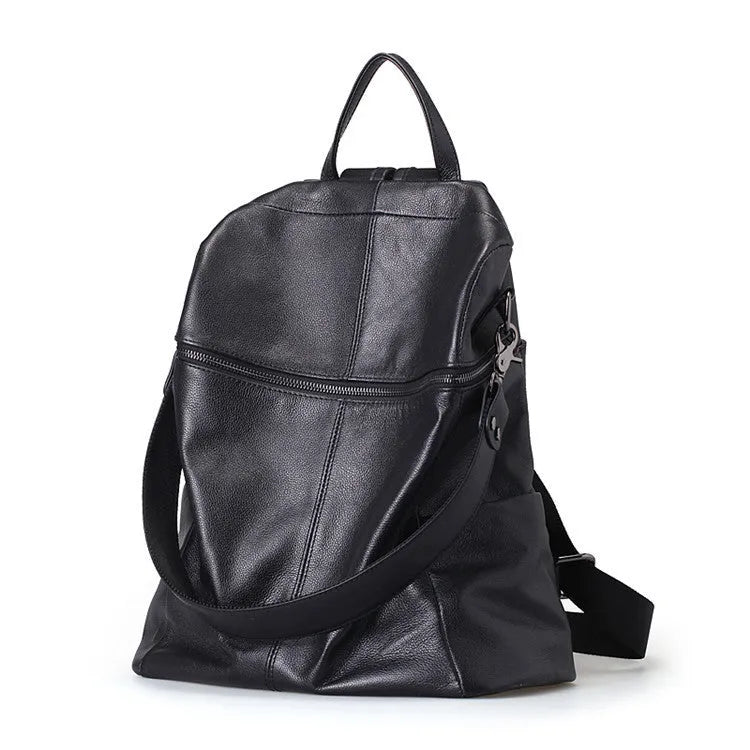 Genuine leather women's retro backpack showing organisation compartments and waterproof construction