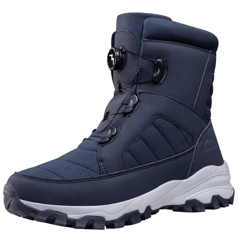 Solid colour fleece-lined button snow boots with Oxford cloth upper and non-slip rubber outsole, black men's boot side view