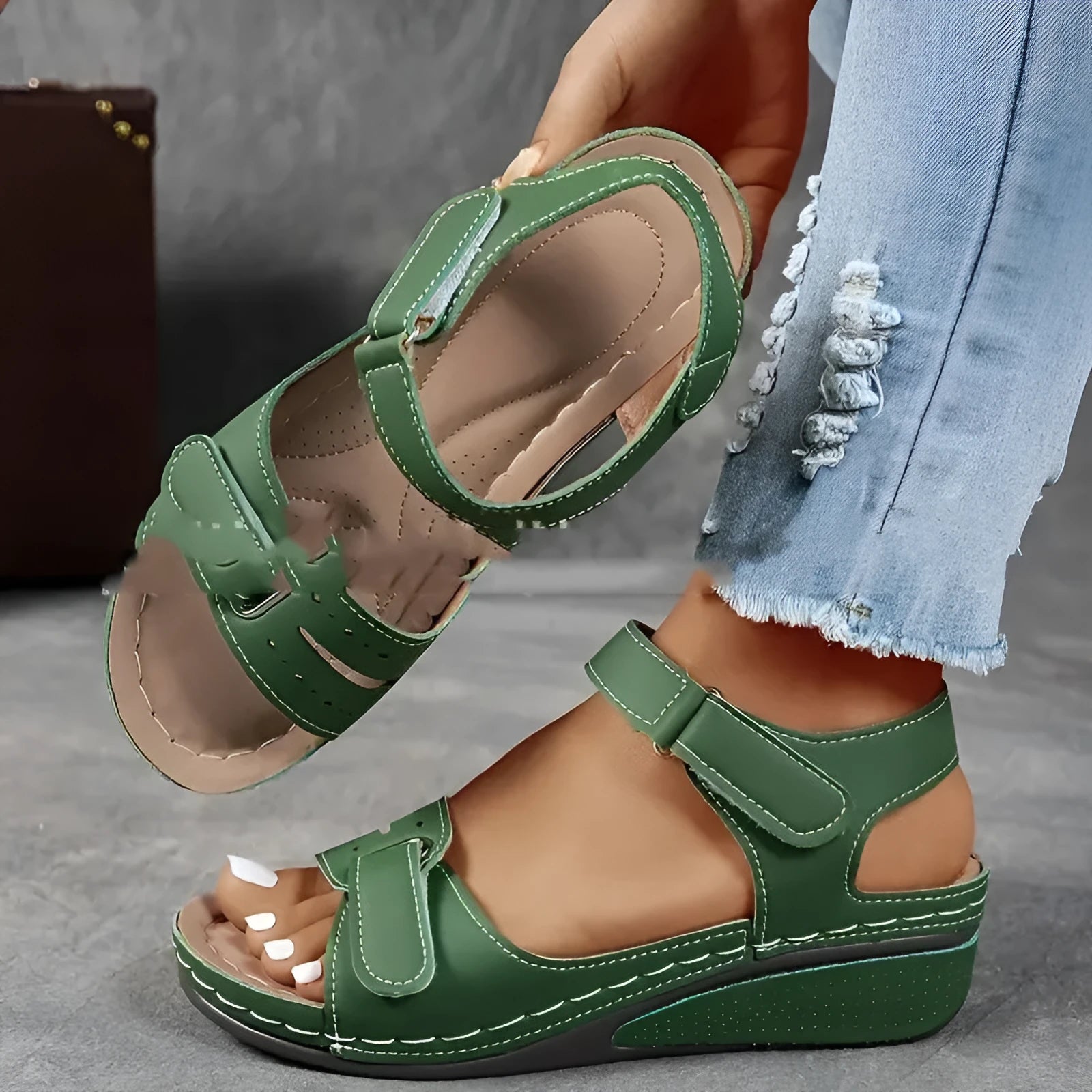 Beige plus size strap sandals with a thick composite sole and adjustable Velcro fastening on a white background