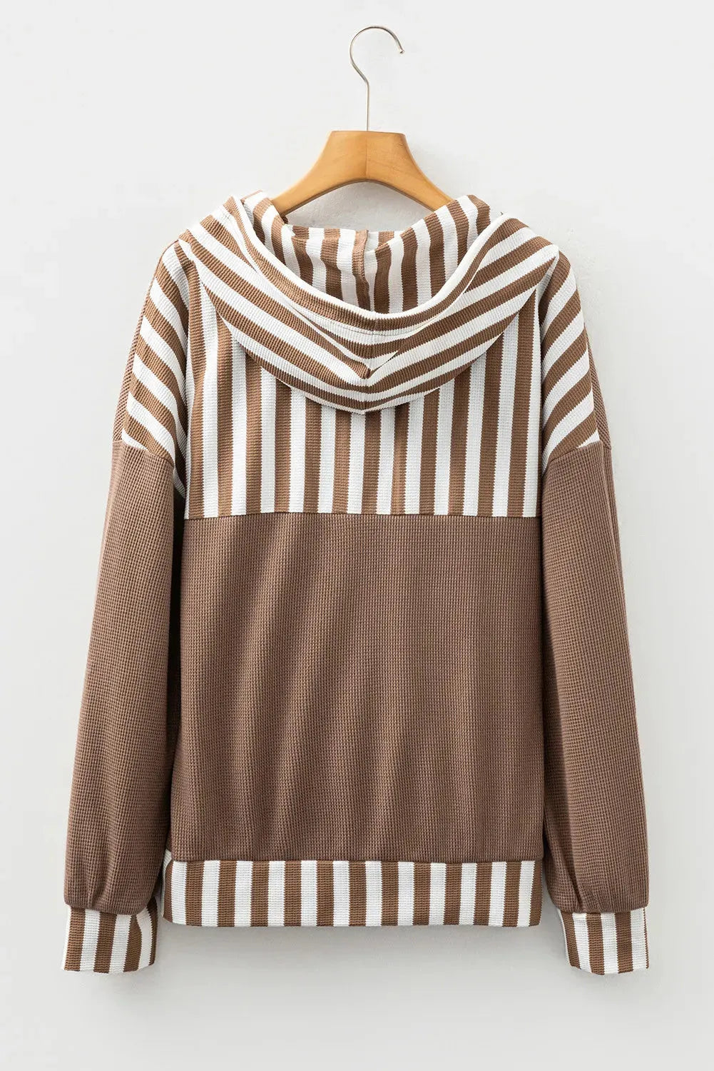 Straw yellow hoodie with waffle texture striped patchwork and a button neck drawstring