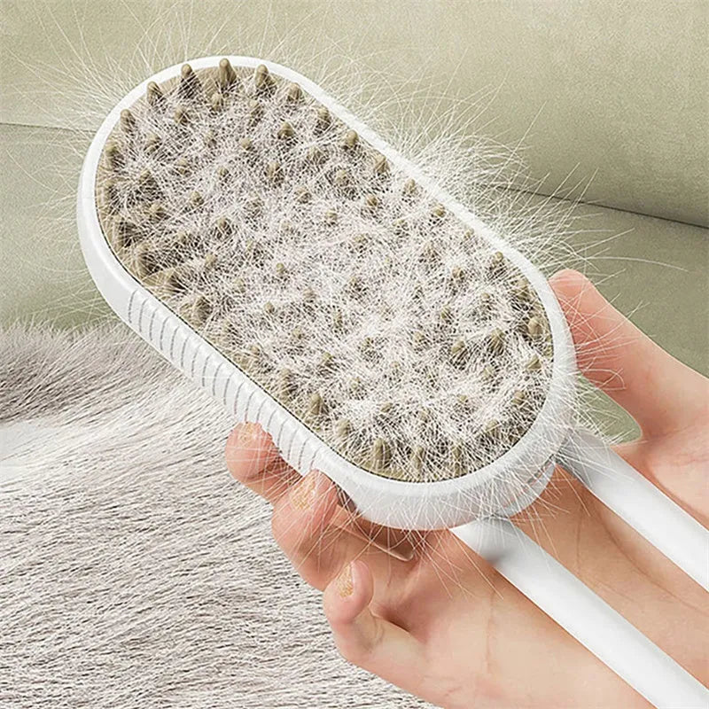 3-in-1 electric steam pet brush in milk brown with silicone bristles and ergonomic handle