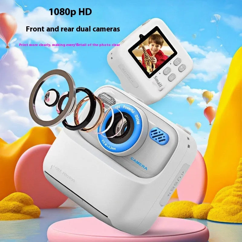 Multi-colour plastic digital camera for kids and teens with blue printing paper rolls and memory card