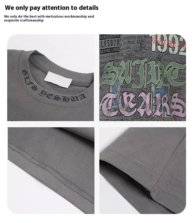 American retro national trend hip hop graffiti pure cotton short sleeve t-shirt in grey, front view